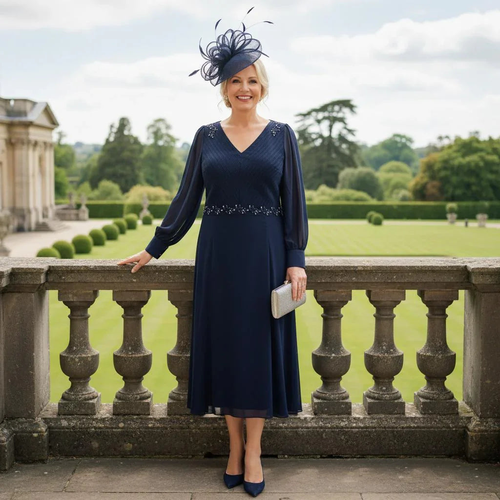 Navy Mother of the Bride Dress Lizabella 2470 with long sleeves, V-neckline and embellished waist