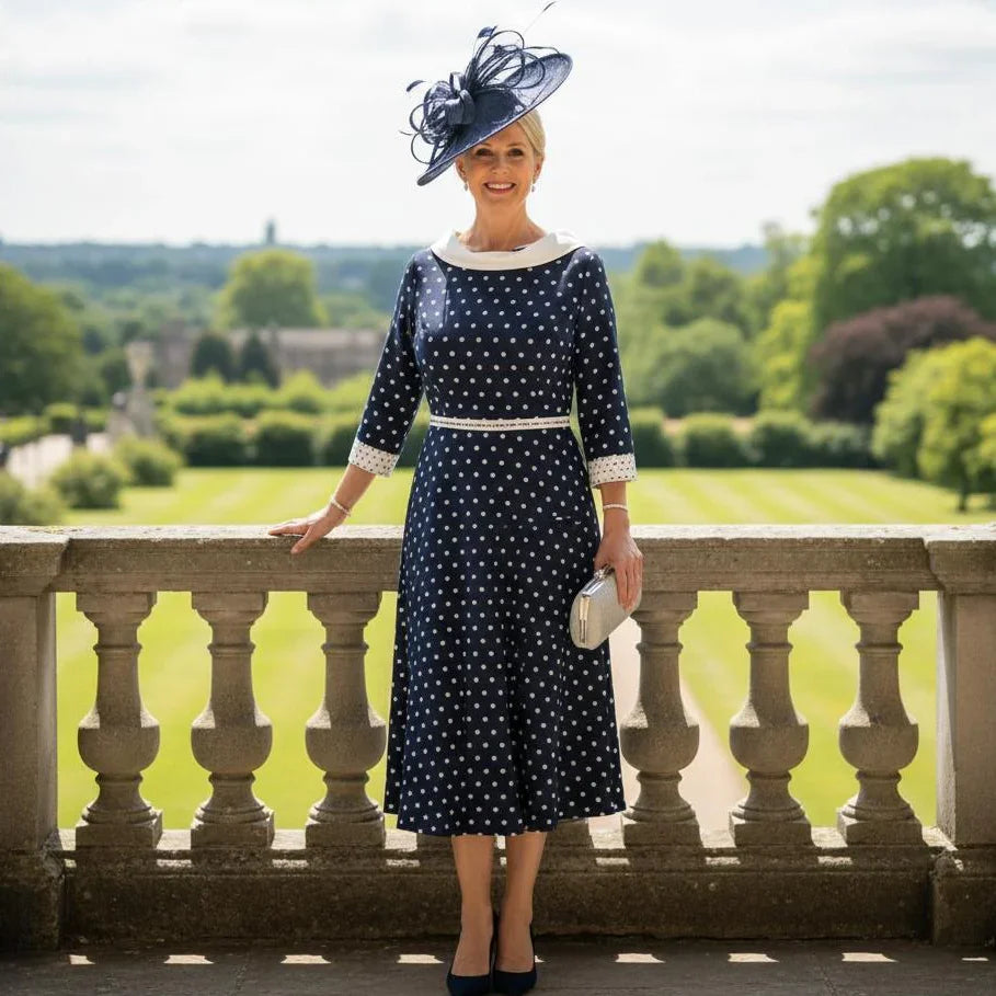 Navy Mother of the Bride Dress Lizabella 2526 with ivory spot design and metallic sparkle
