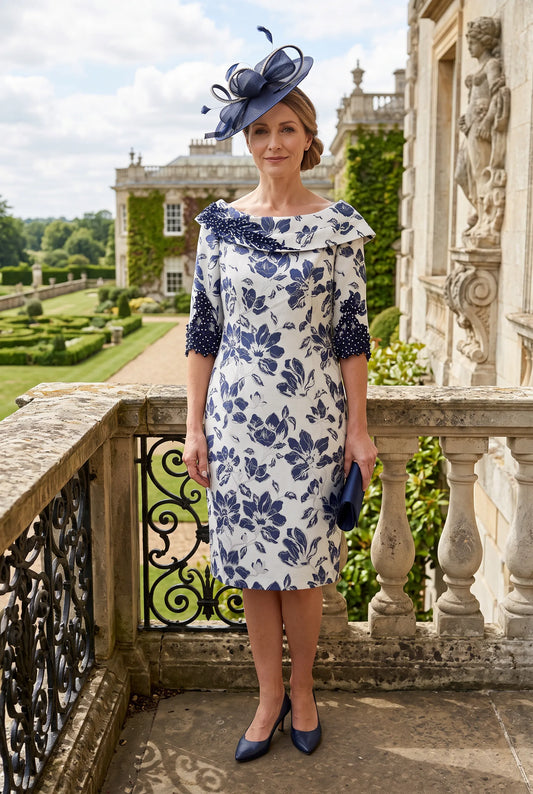 Navy and Silver Mother of the Bride Dress Lizabella 2595 front view with embossed floral print.