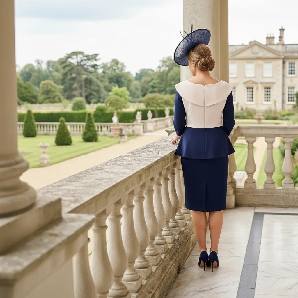 Woman in a veromia navy and ivory mother of the bride dress with a matching navy fascinator hat standing on a balcony with a grand building and garden in the background
