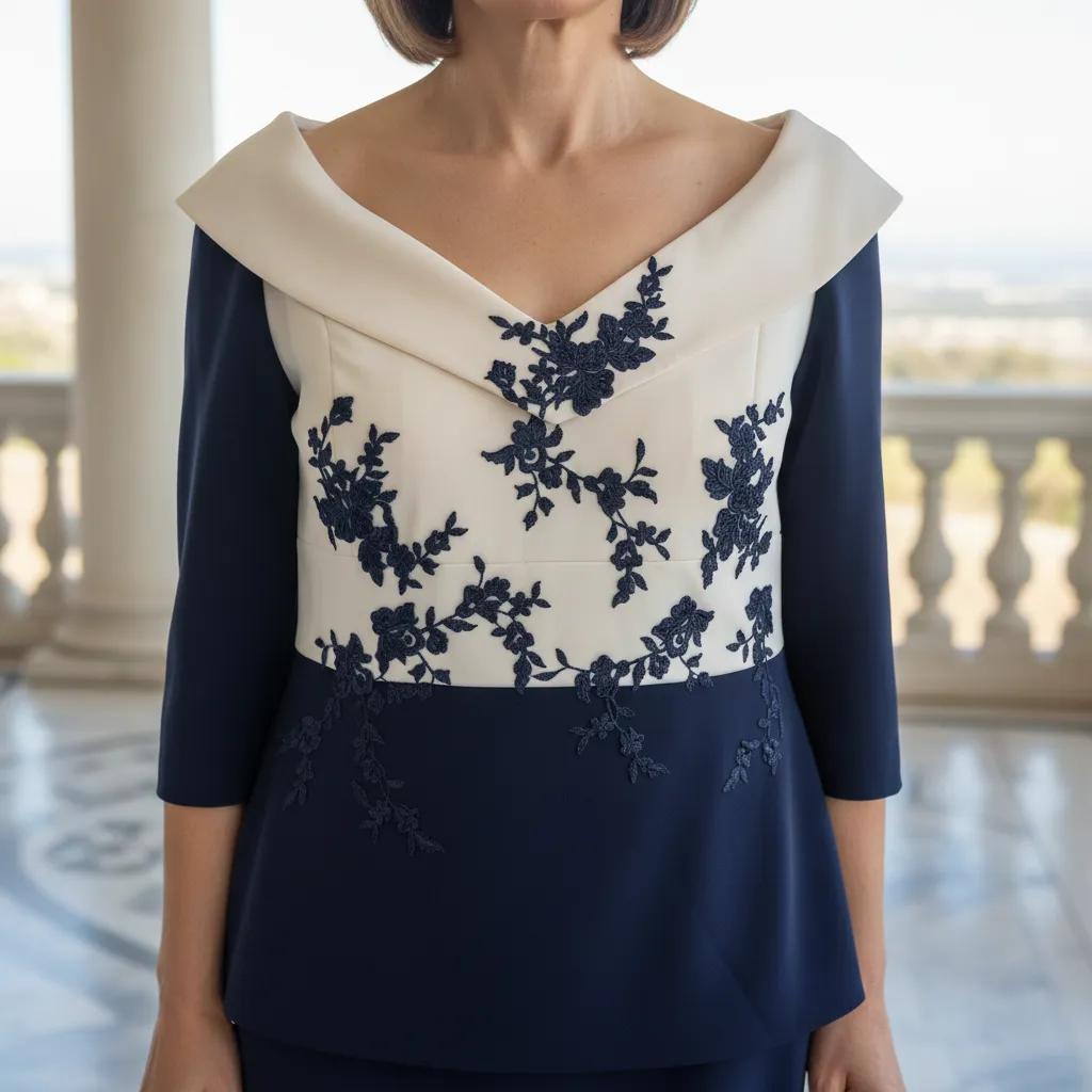 Navy blue veromia mother of the bride dress with white floral embroidery worn by a person indoors.