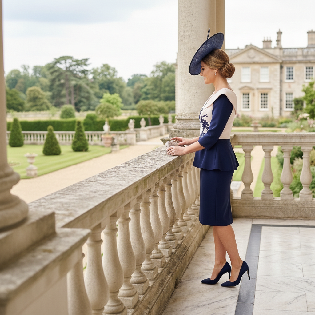 Woman in veromia navy and ivory mother of the bride dress with a matching navy fascinator hat standing on a balcony with a garden and building in the background