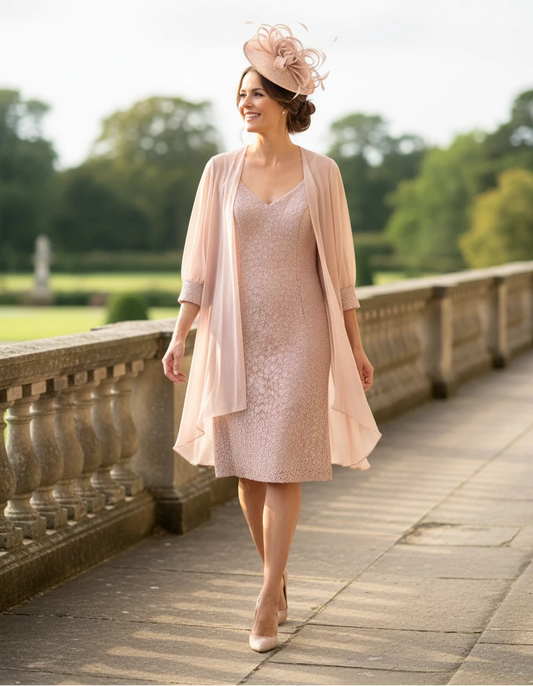 Woman in a light pink mother of the bride dress and jacket walking outdoors on a stone pathway.