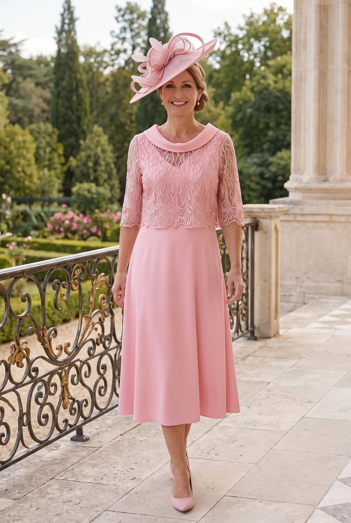 Peony Pink Lizabella 7221 Mother of the Bride dress with matching lace overlay