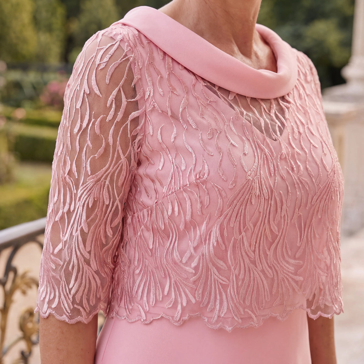 Full-length Peony Pink Lizabella 7221 A-line occasion dress with three-quarter sleeve lace overlay
