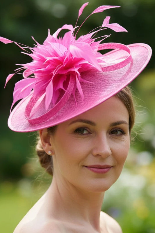 Woman wearing a bright pink fascinator hat with feathers against a blurred green background