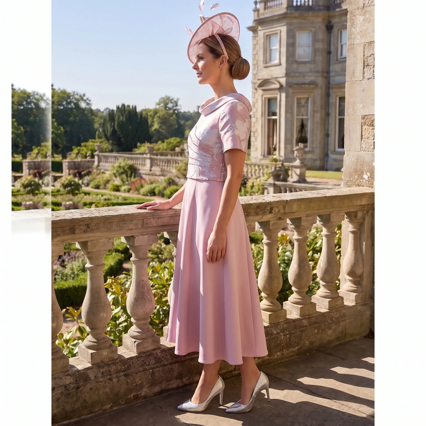 Side view of the Lizabella 2988-02 pink Mother of the Bride dress with fit and flare skirt