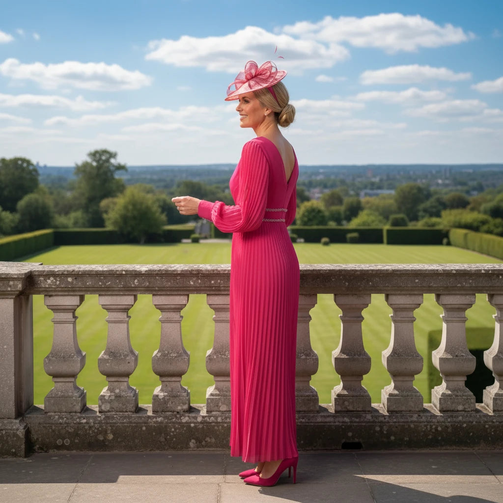 Back view of pink Mother of the Bride dress John Charles 66412 with deep V‑back and pleated skirt.