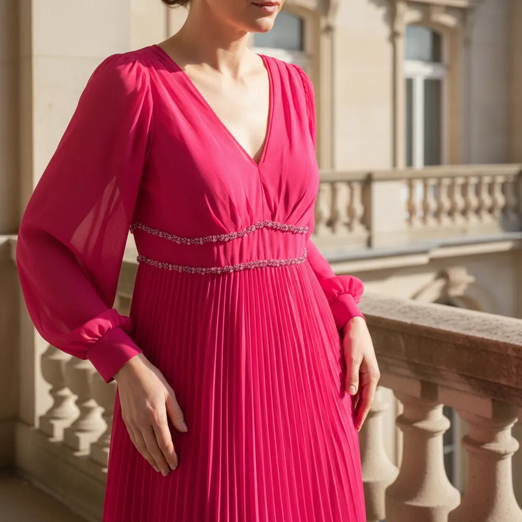 Close‑up of beaded waist detailing on pink Mother of the Bride dress John Charles 66412.
