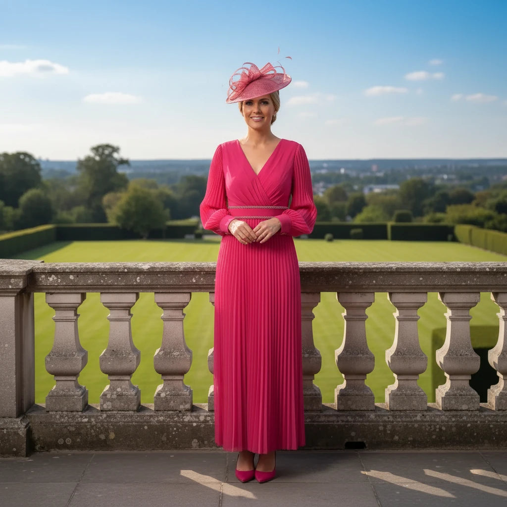 Pink Mother of the Bride dress John Charles 66412 front view with pleated plissé skirt and long chiffon sleeves.