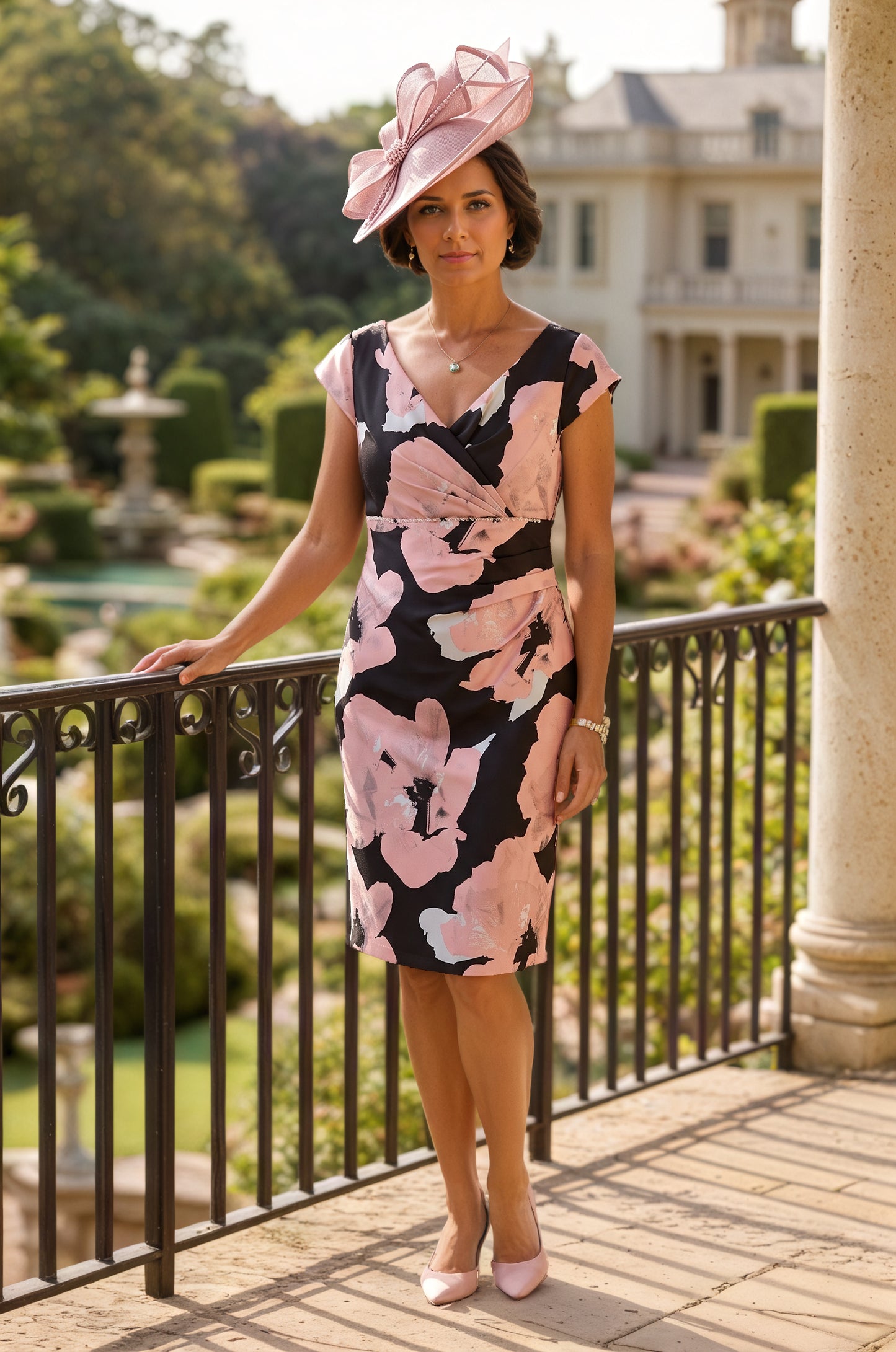 Pink Mother of the Bride Dress Ispirato ISJ802 front view with wrap-effect floral design.