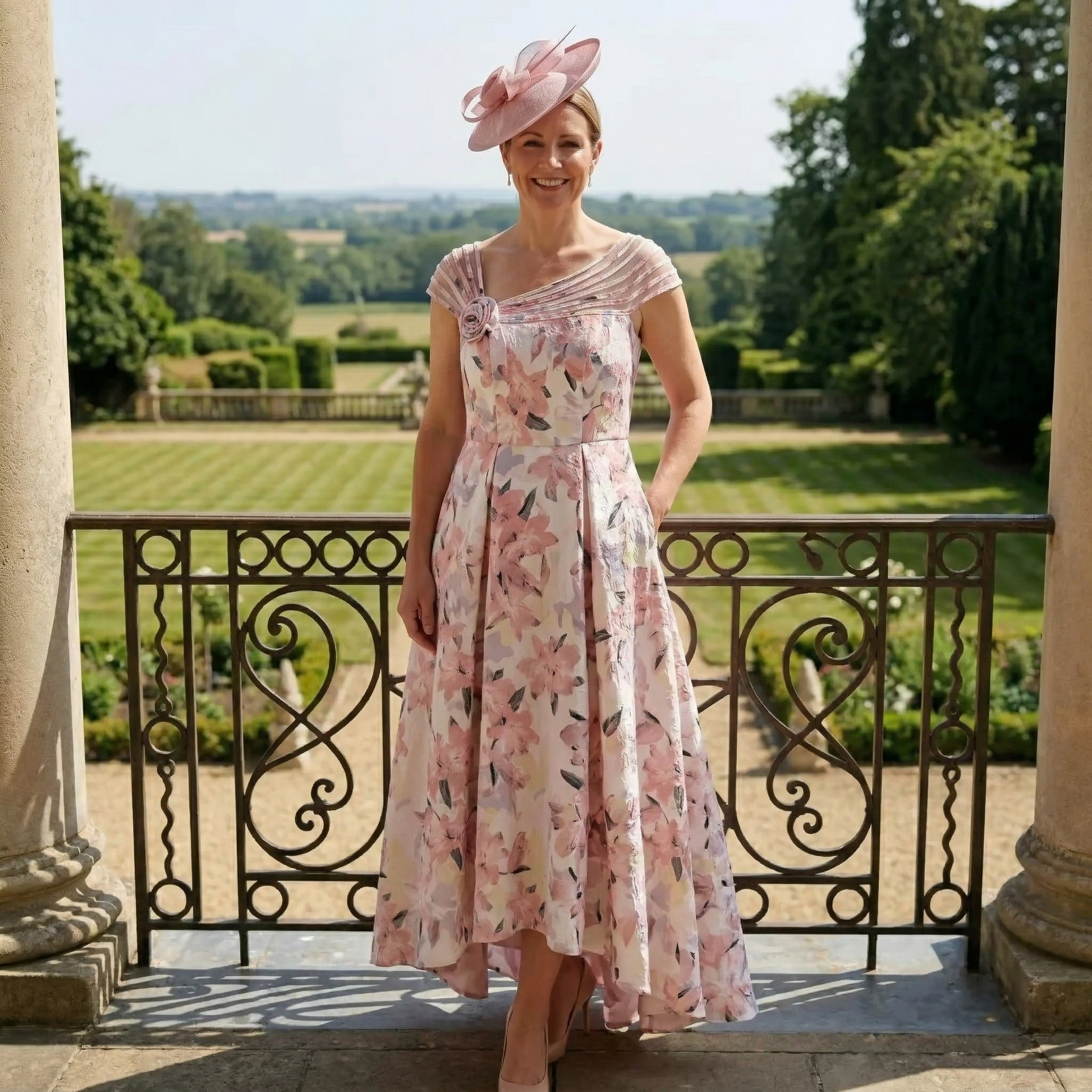 Pink Mother of the Bride dress Couture Club 8G1F9 with asymmetric neckline, dipped hem and brocade fabric.