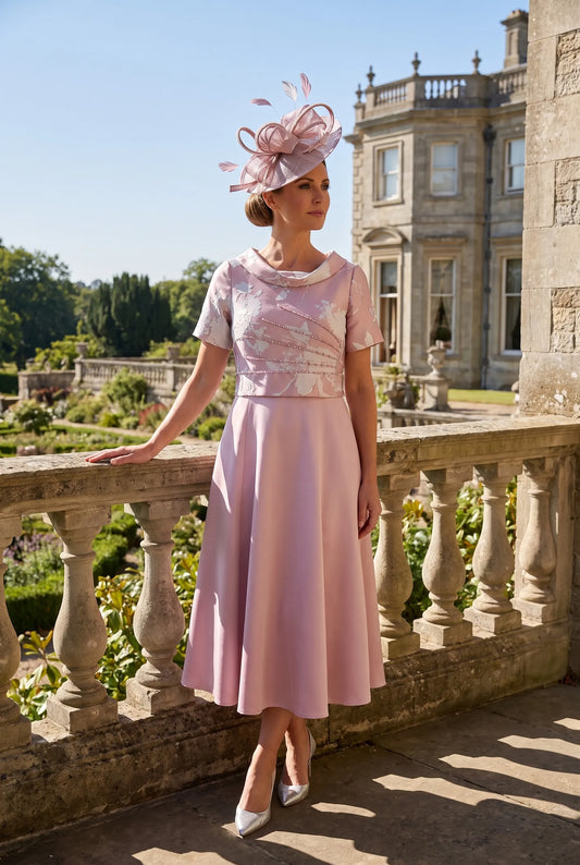 Pink Mother of the Bride dress by Lizabella 2988-02 with floral jacquard bodice and satin skirt
