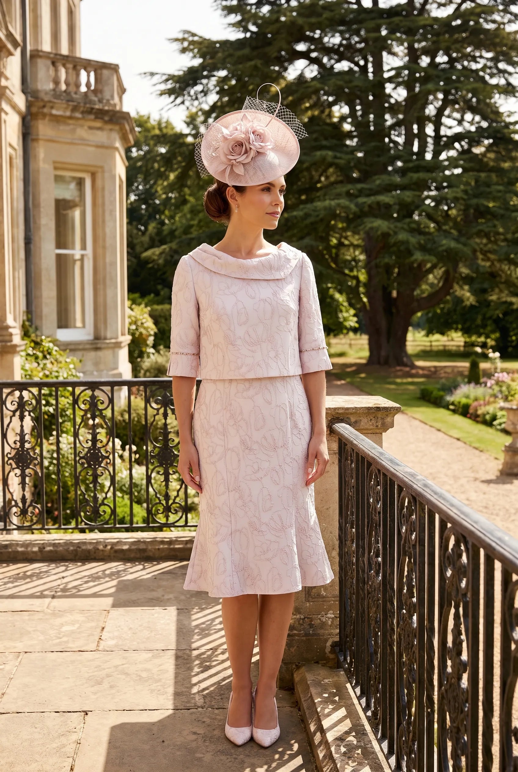 Pink Mother of the Bride Outfit by Lizabella 7153 featuring a textured blush pink dress with a coordinating cropped jacket.