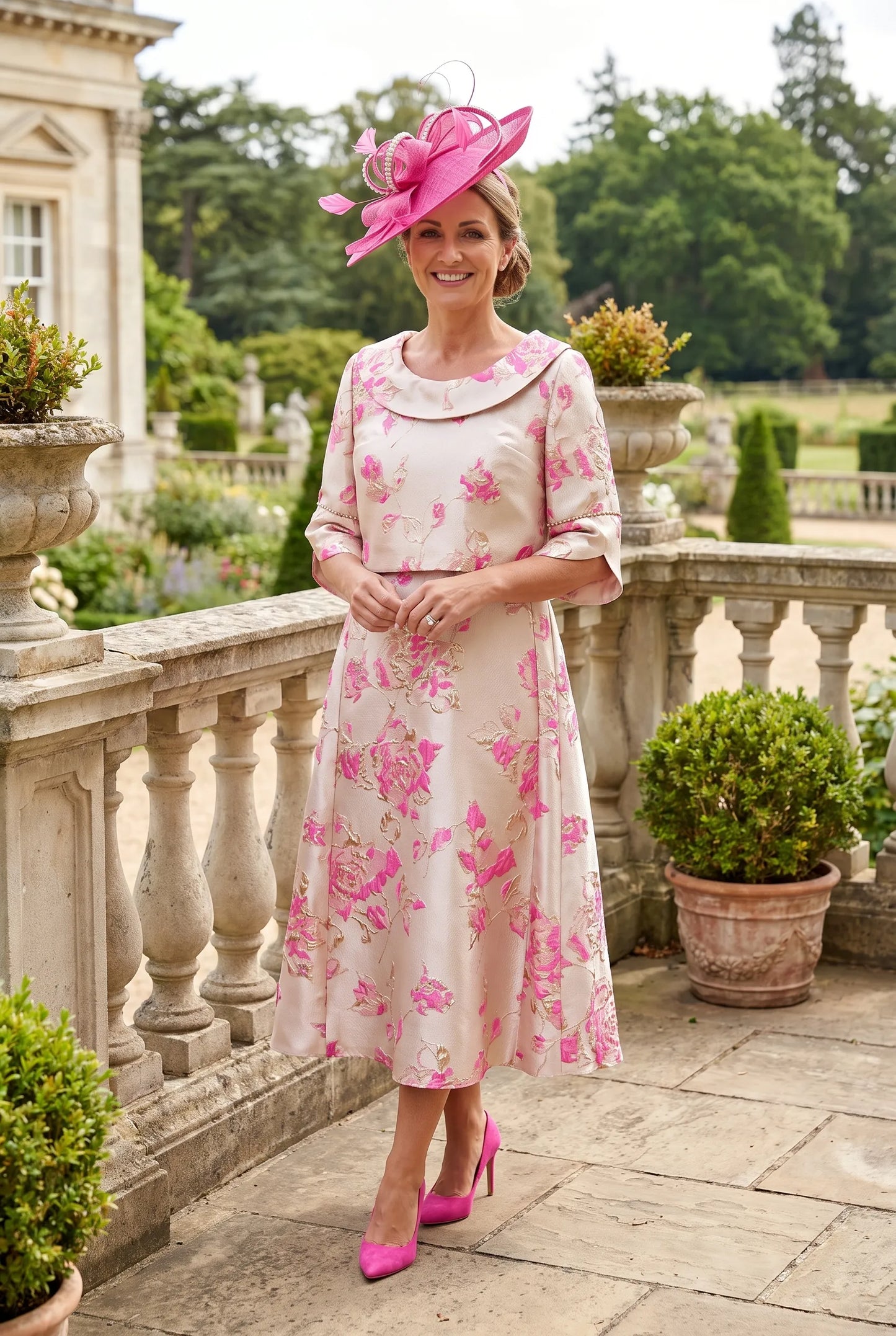 Pink Mother of the Bride Outfit by Lizabella 7224 featuring a champagne and pink floral jacquard dress with a coordinating cropped jacket.