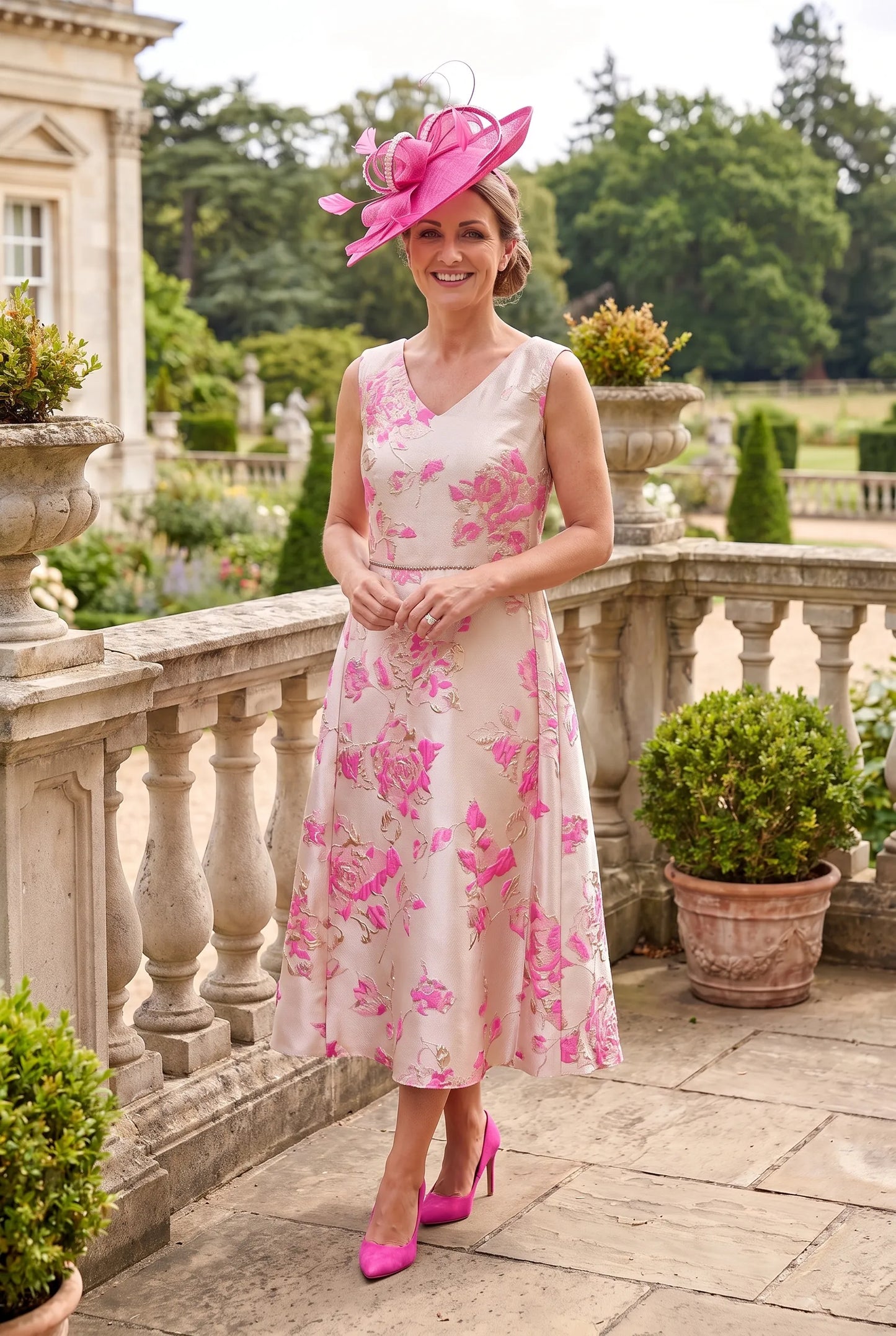 Close-up of the Lizabella 7224 Pink Mother of the Bride Outfit showing the elegant neckline and pearl embellished waistband.
