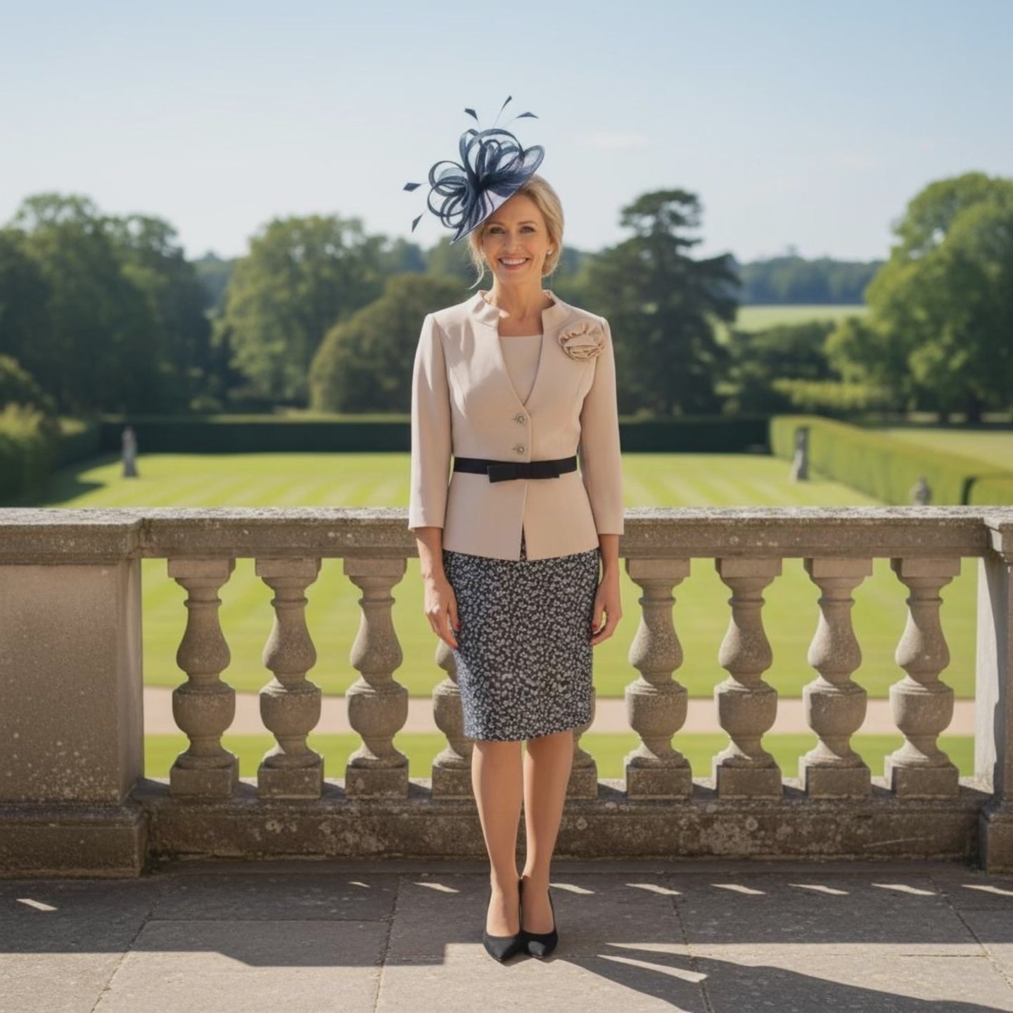 Woman in formal Condici Navy and cream dress and jacket with matching navy disc fascinator standing on a balcony with a scenic background. Signature Dress.