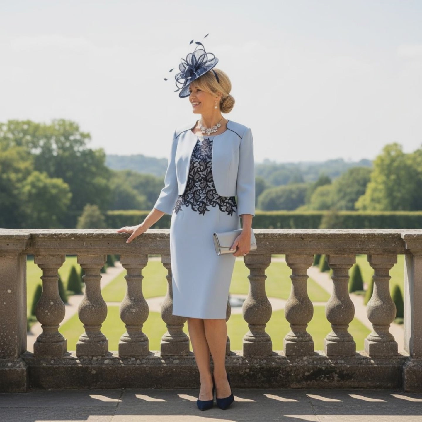 Woman in elegant light blue mother of the bride outfit with navy lace top by Veni Infantino. Signature Dress