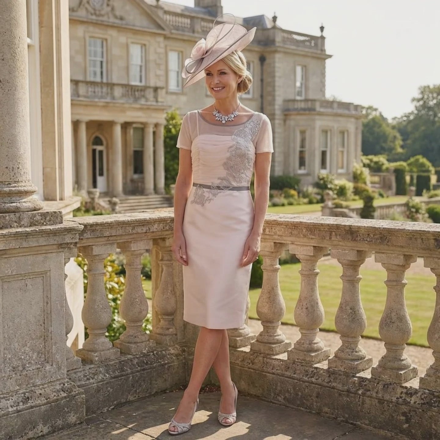 Woman wearing a Linea Raffaelli beige mother of the bride dress and matching fascinator ready for a wedding. Signature Dress.