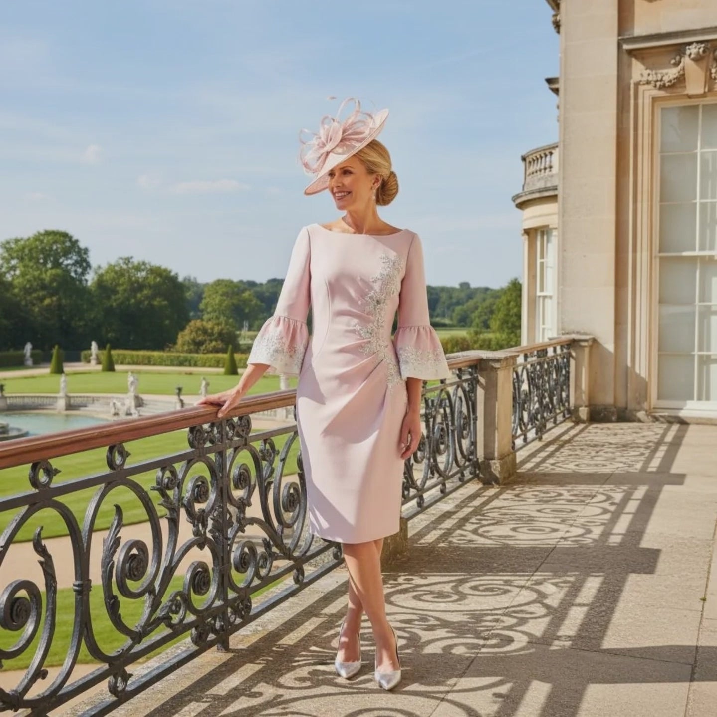 Woman in a light blush pink John Charles mother of the bride dress and matching pink fascinator hat standing on a balcony with a scenic background. Signature Dress.