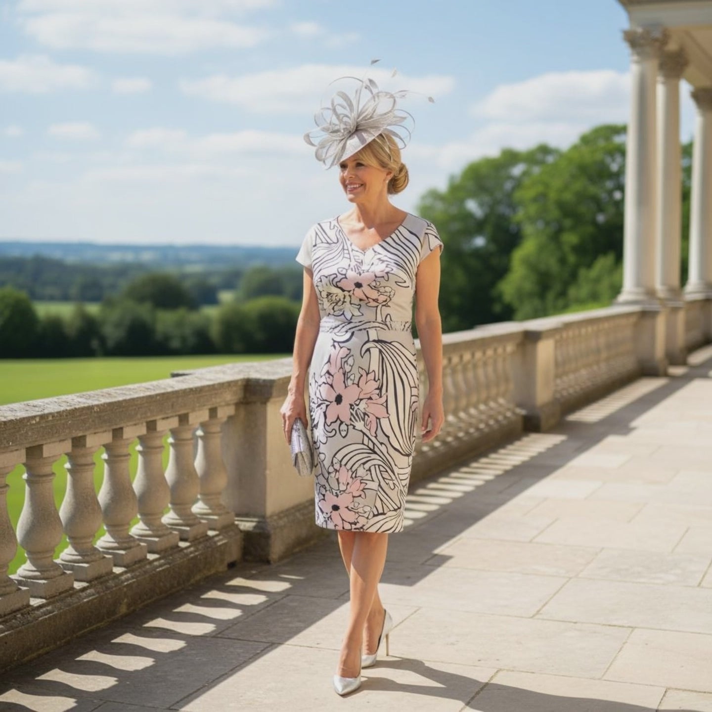 Woman in a Lizabella patterned Silver mother of the bride dress and silver fascinator standing on a stone balcony with a garden view. Signature Dress.