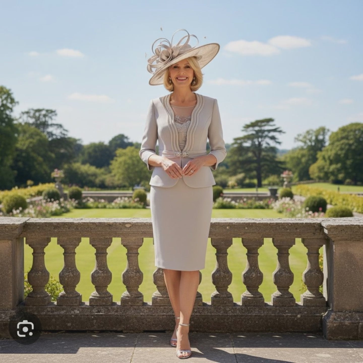 Woman in veni infantino silver formal mother of the bride dress suit in with a hat standing in a garden setting. Signature Dress.