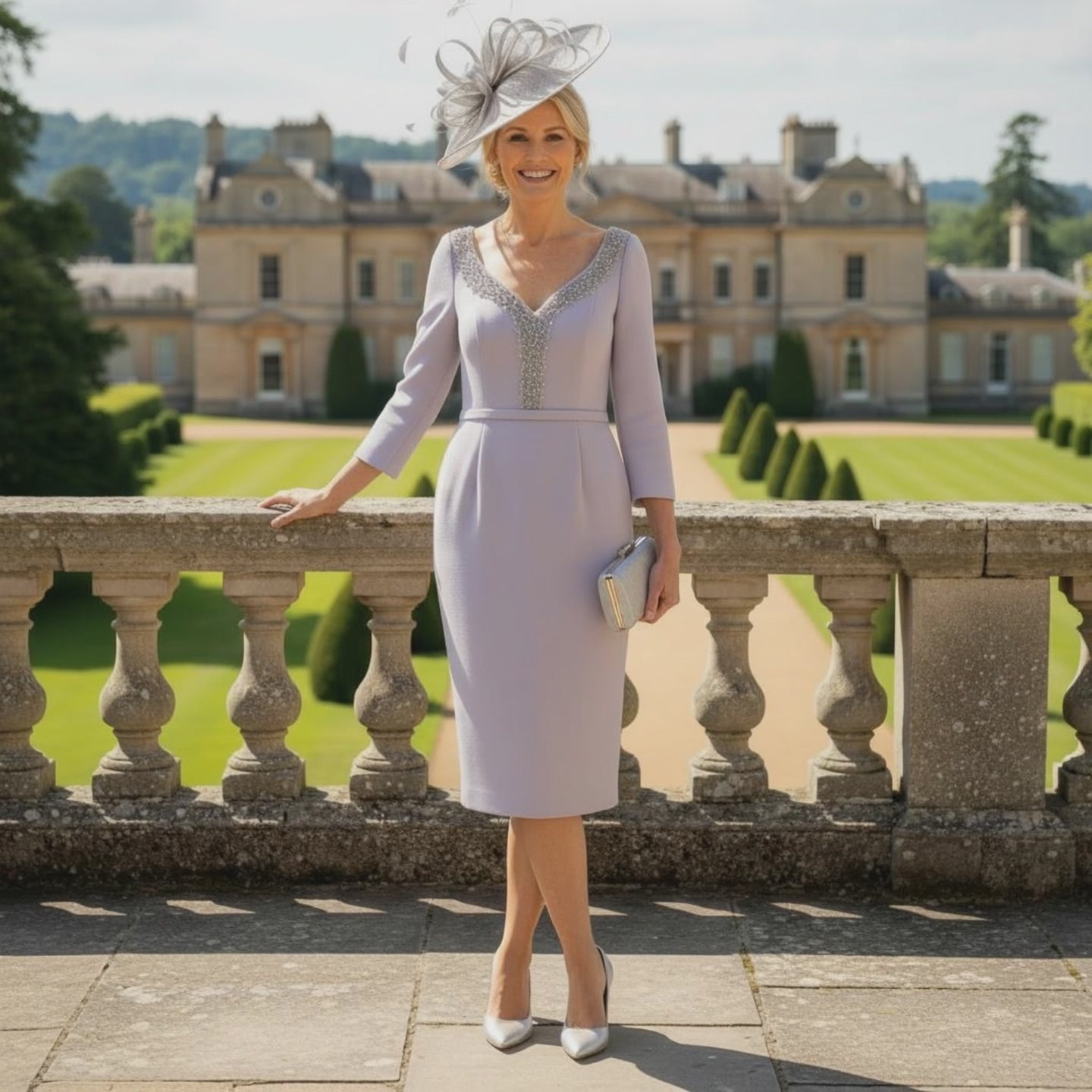 Woman in a Veni infantino Silver mother of the bride dress with a silver fascinator hat standing in front of a large building. Signature Dress.