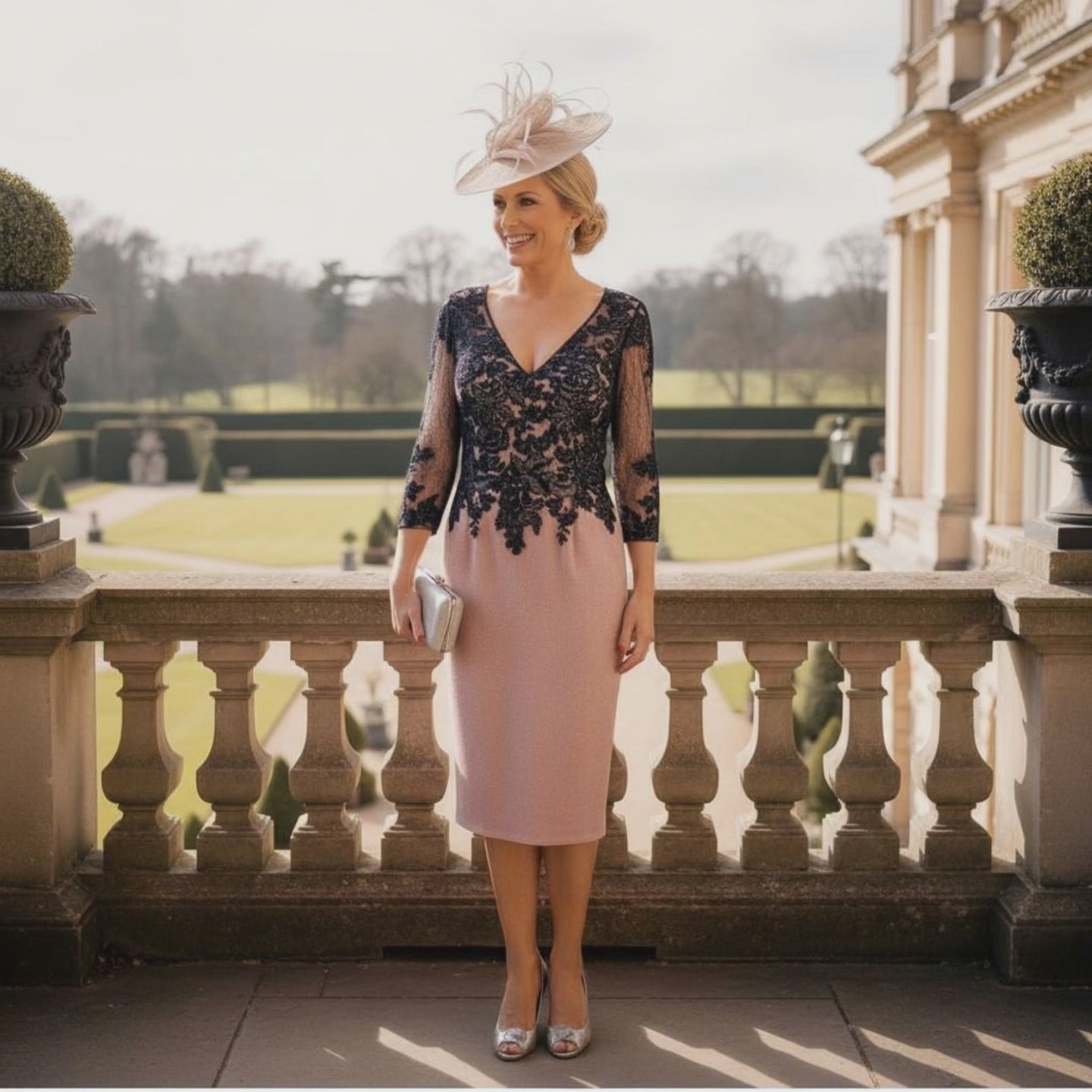 pink mother of the bride with navy lace and 3/4 sleeves