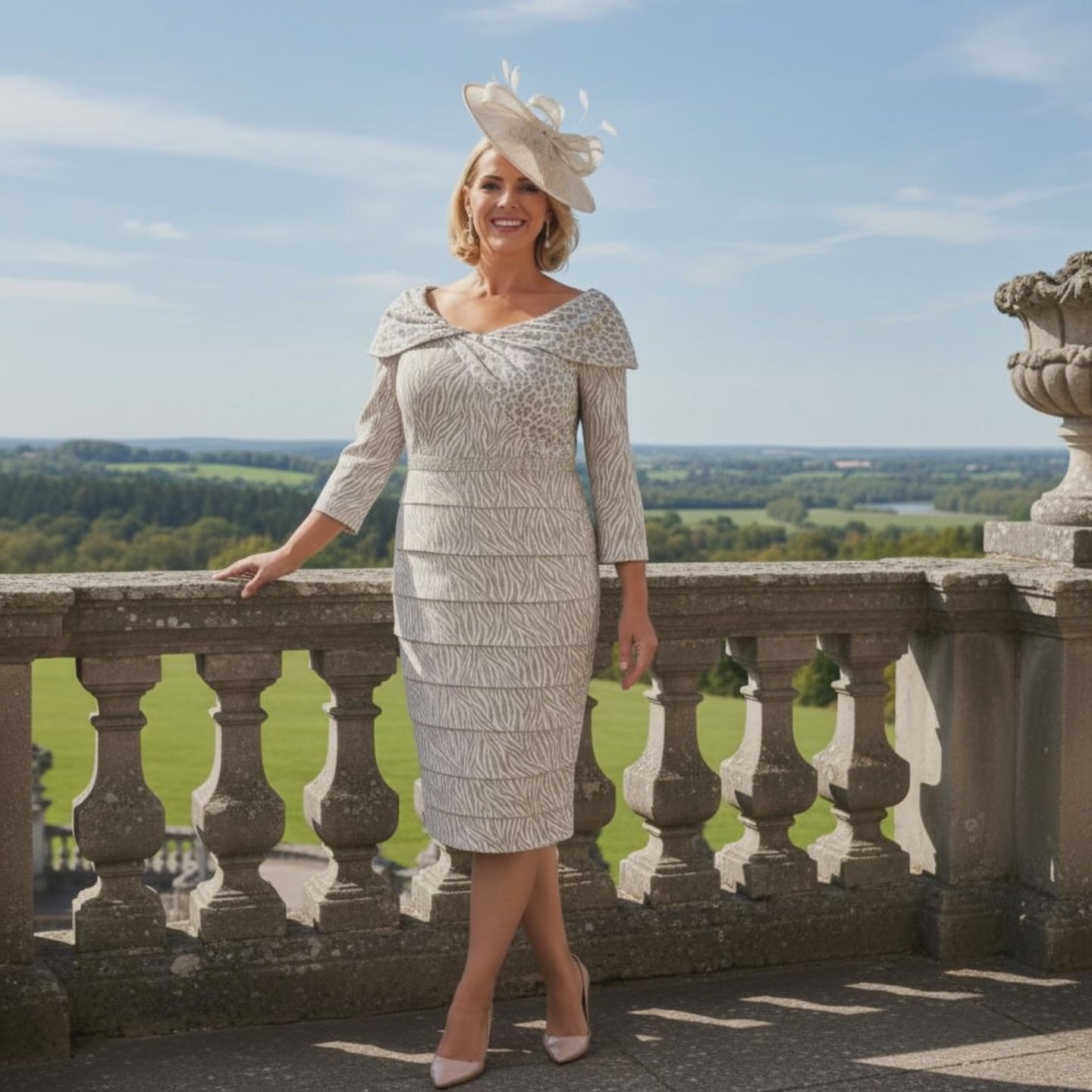 Woman in a silver and taupe veromia plus size dress and hat standing on a balcony with a scenic view.