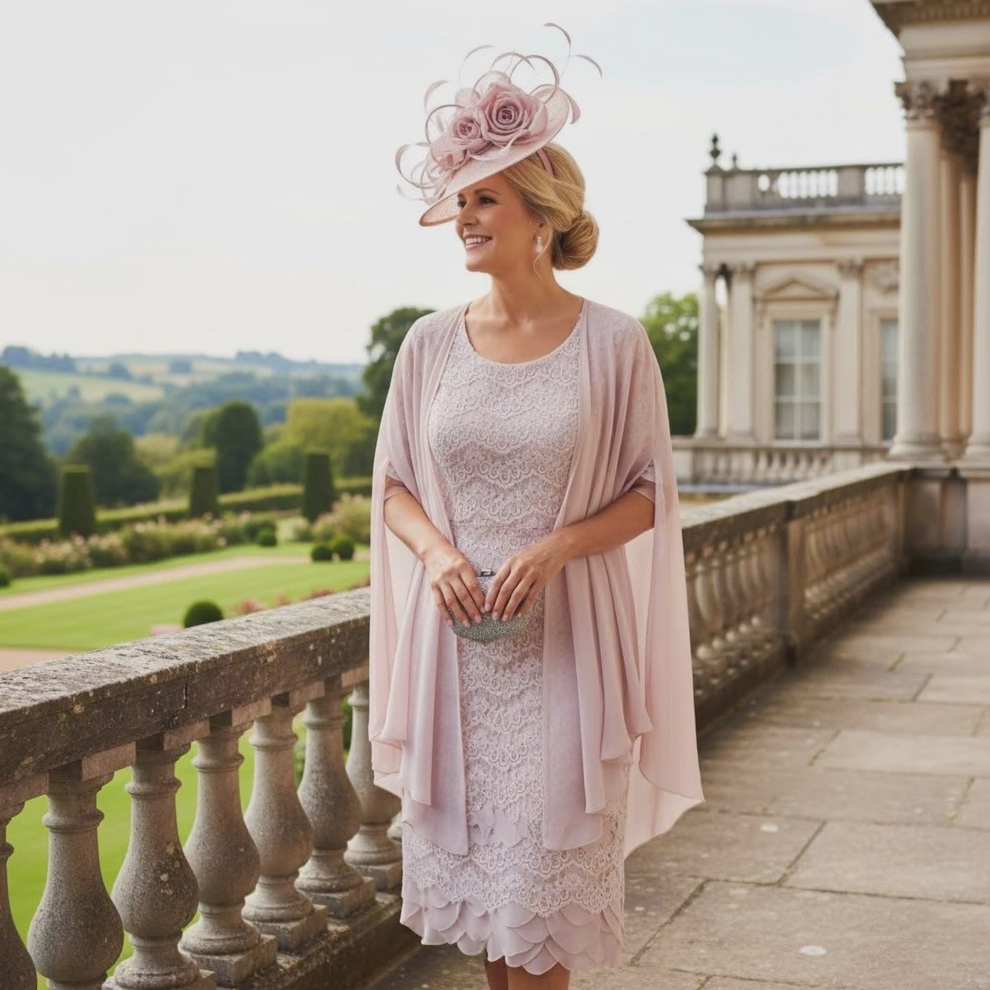 Woman in a Condici pink mother of the dress and jacket and a matching pink fascinator ready for a wedding. Signature Dress