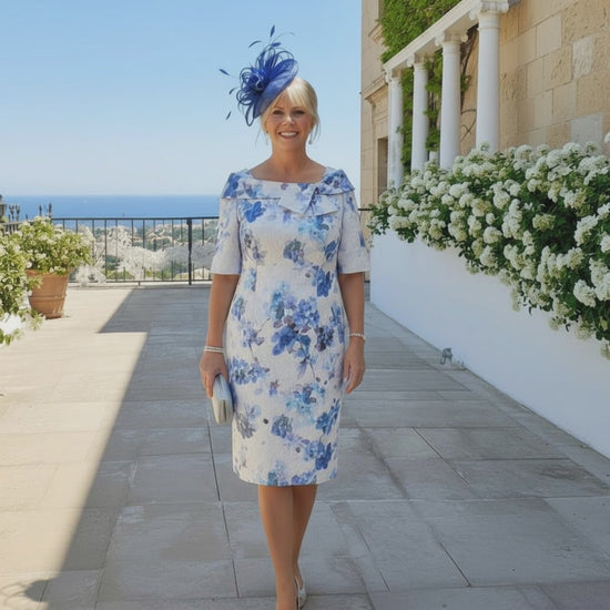 john charles blue floral mother of the bride dress with half sleeves. Signature Dress