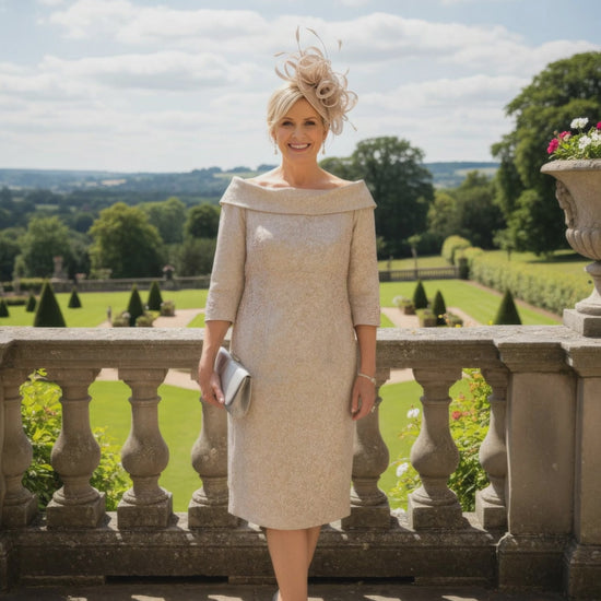 Woman wearing a beige john charles embroidered dress as mother of the bride - signature dress.