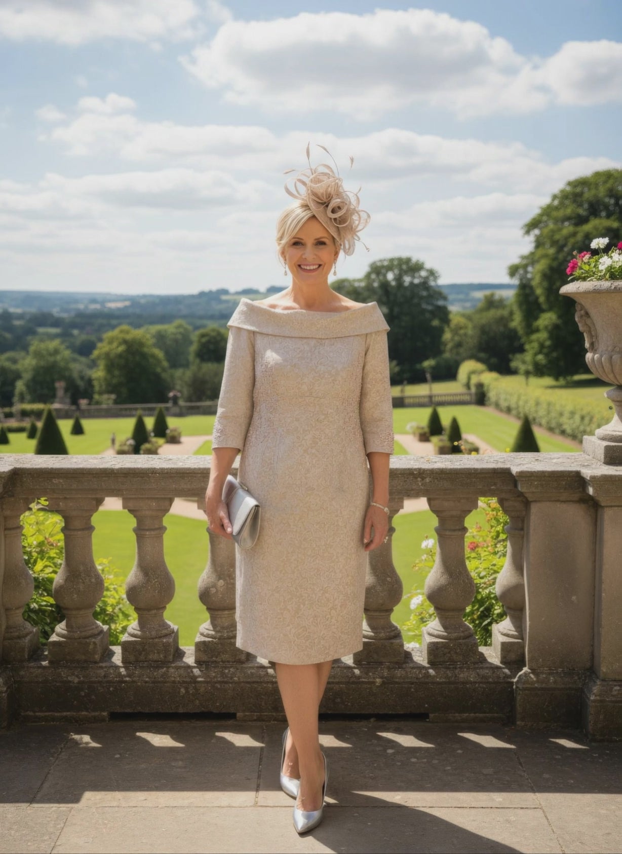 Woman wearing a beige john charles embroidered dress as mother of the bride - signature dress.
