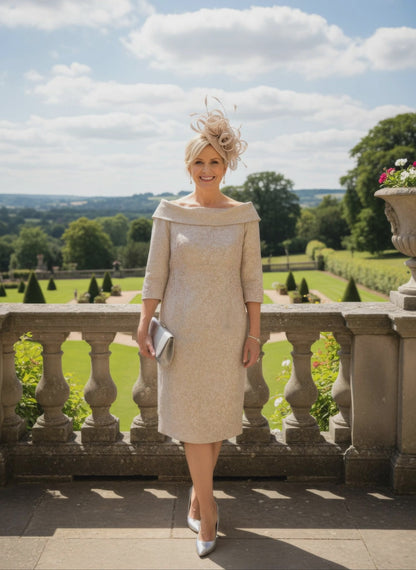 Woman wearing a beige john charles embroidered dress as mother of the bride - signature dress.