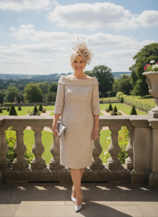 Woman wearing a beige john charles embroidered dress as mother of the bride - signature dress.