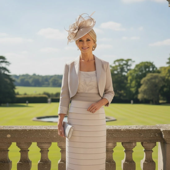 Woman in a Ispirato beige mother of the bride dress and jacket with a beige fascinator hat standing on a balcony with a scenic background. Signature Dress.