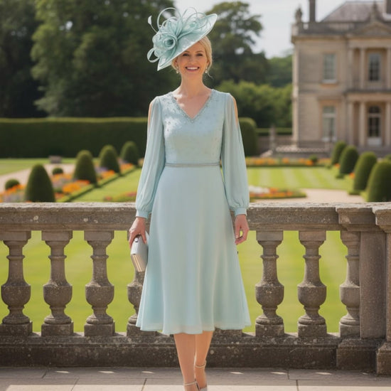Woman in a couture club mint mother of the bride dress with sleeves. Signature Dress