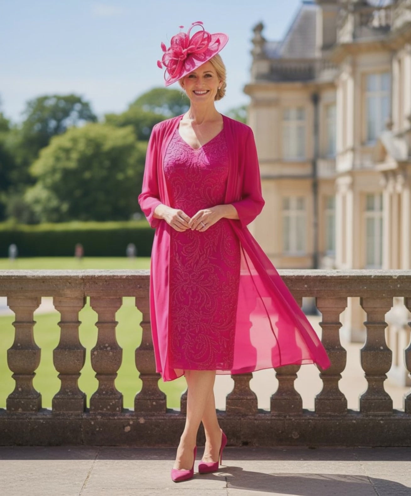 Woman in a Veni infantino pink mother of the bride dress and jacket she is wearing a pink fascinator hat standing on a stone balcony with greenery in the background. Signature Dress.