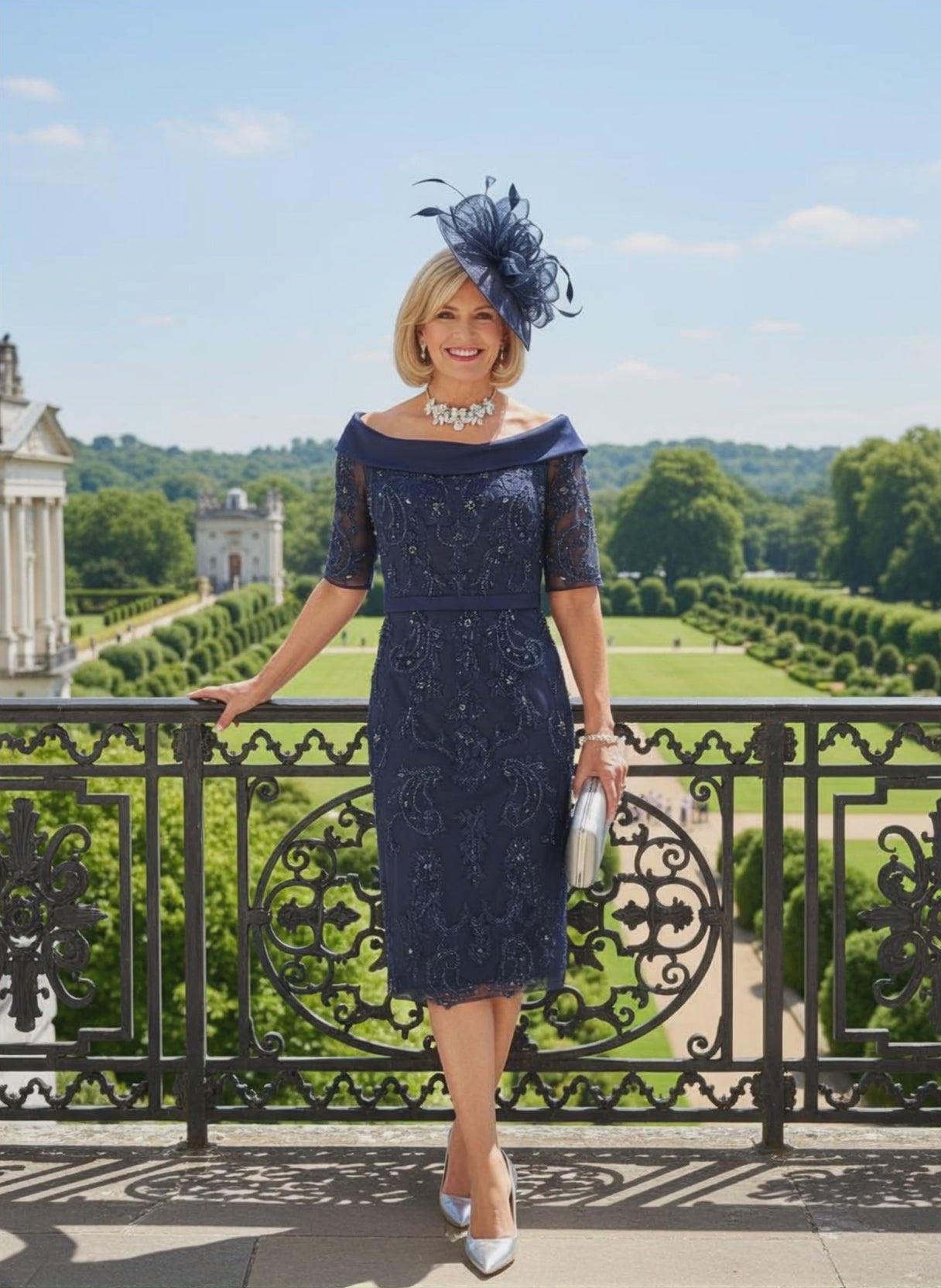 Woman in a navy Veni Infantino dress with lace details standing on a balcony with a scenic background