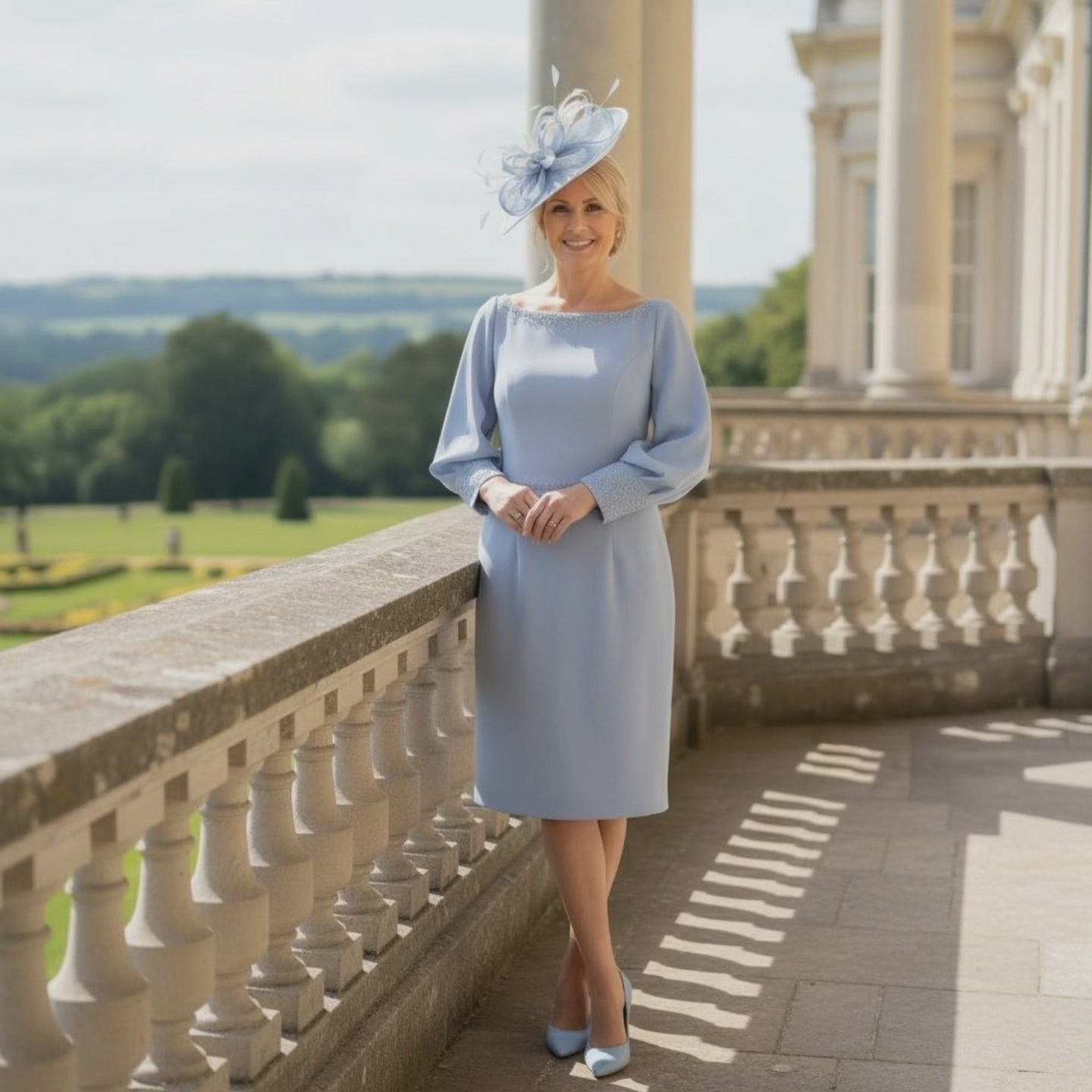 Woman wearing a John Charles blue mother of the dress ith sleeves, she is wearing a matching light blue fascinator to a wedding. Signature Dress.