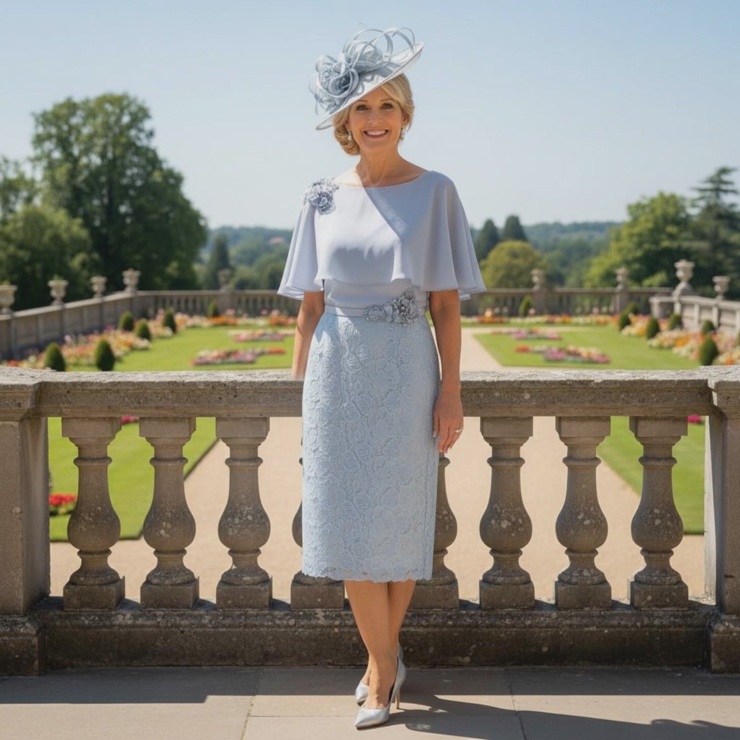 Model wearing Veni Infantino 991146 blue Mother of the Bride dress in garden setting
