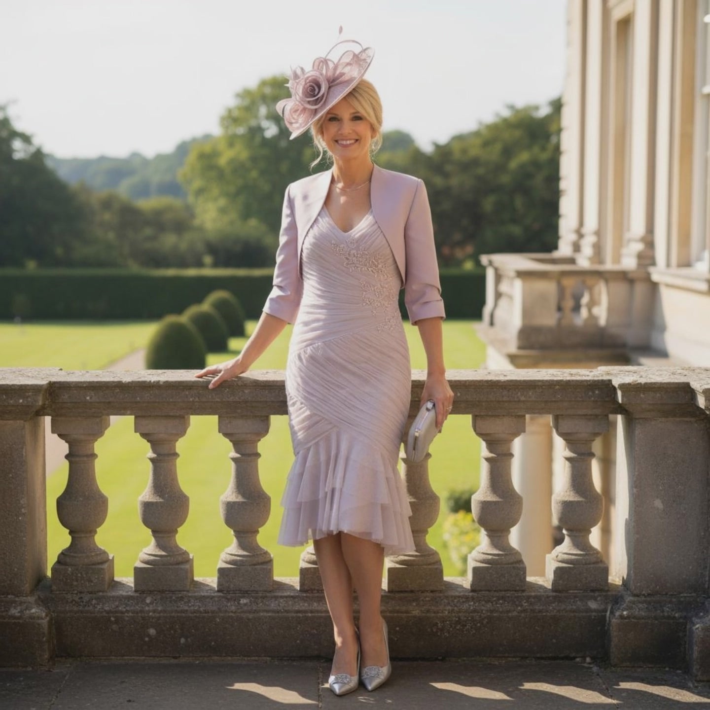 Woman wearing a Ispirato pink mother of the bride dress and jacket. Signature Dress.