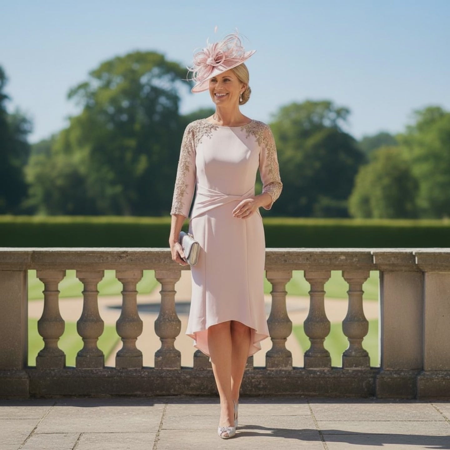 Veni Infantino Dress 991151 in blush peach colour with 3/4 sleeves and high low hem