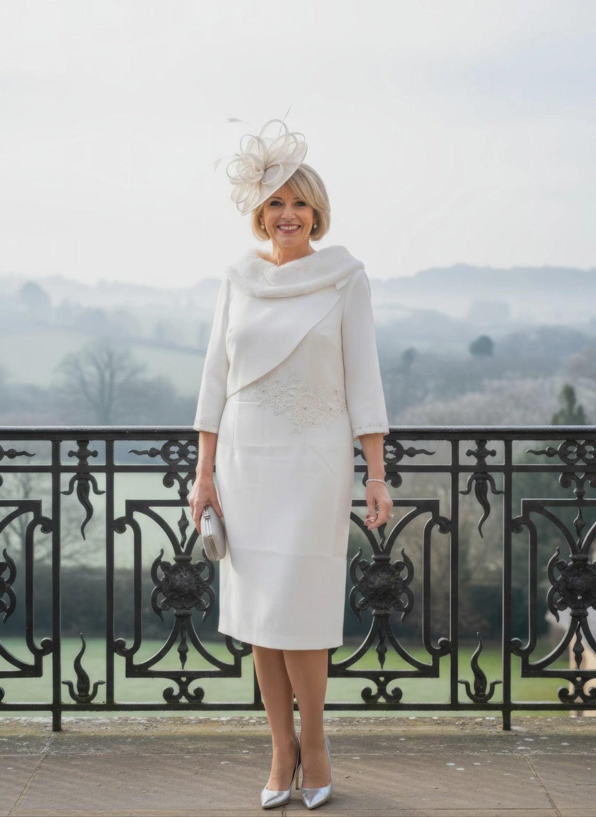 Woman in a white fur bridal dress with a matching hat standing on a balcony with a scenic background.