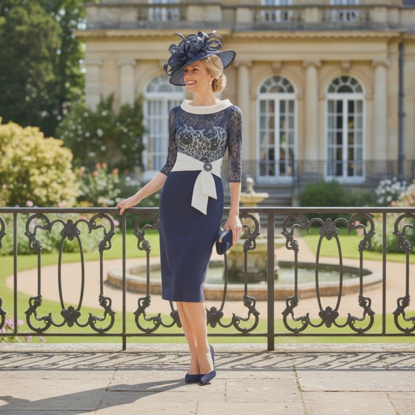 Woman in a Rosa Clara Couture Club navy mother of the bride dress with a  navy fascinator hat standing in front of a classical building ready for a wedding. Signature Dress.