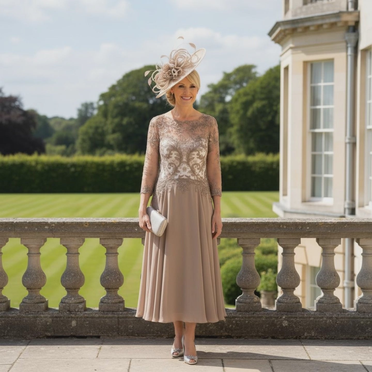 taupe mother of the bride with 3/4 lace sleeves