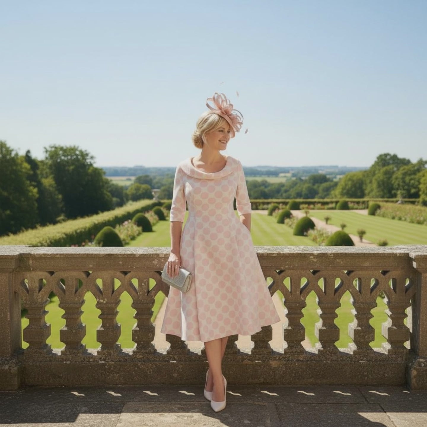 Woman in a Lizabella pink pokerdot spots mother of the bride dress and blush pink fascinator hat standing on a balcony with a scenic view of greenery. Signature Dress.Woman in a Lizabella pink pokerdot spots mother of the bride dress and blush pink fascinator hat standing on a balcony with a scenic view of greenery. Signature Dress.