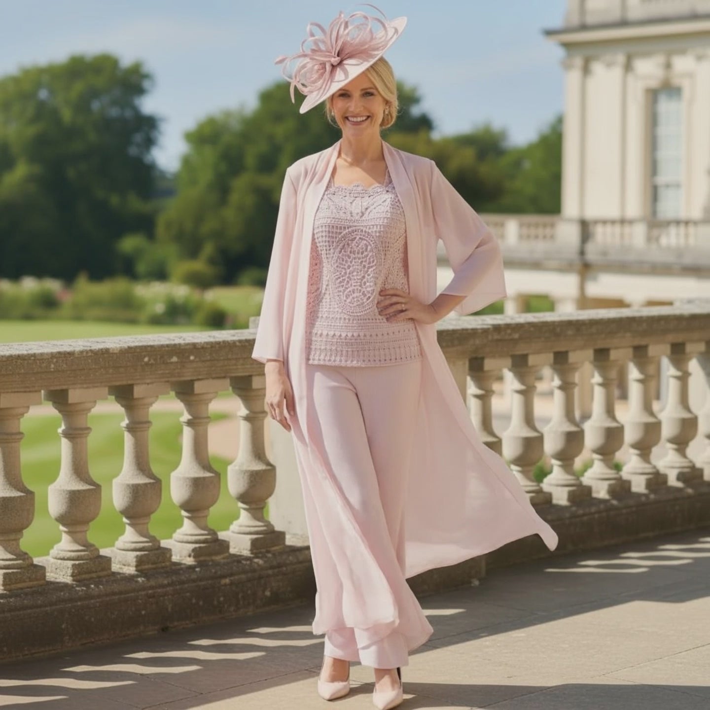 Woman in a veni infantino pink mother of the bride outfit standing on a stone pathway with greenery and a building in the background. Signature Dress.
