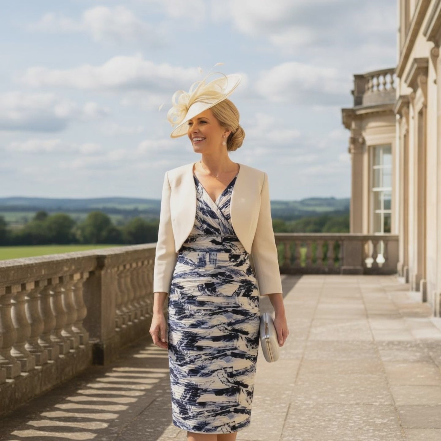 Woman in a Condici lemon 2 piece dress and jacket standing on a balcony with a scenic background. Signature Dress.