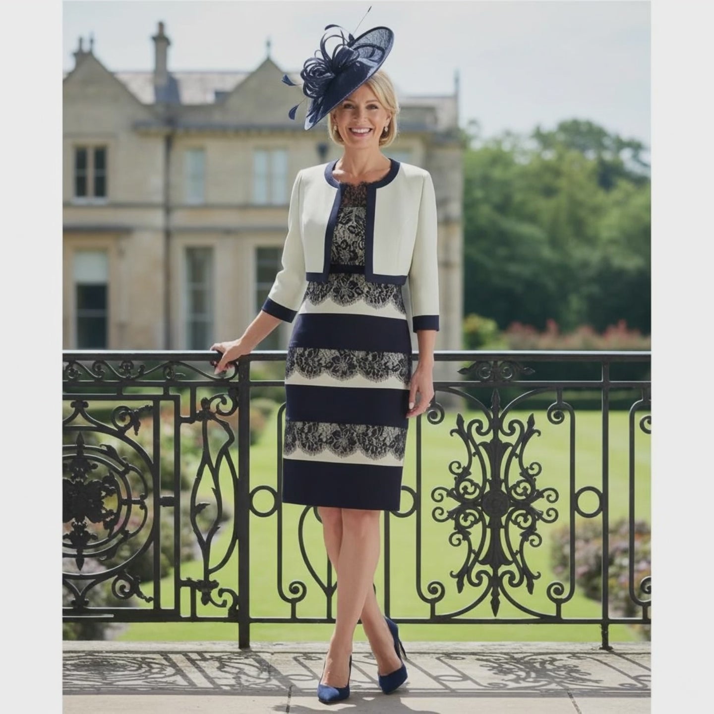 Woman in a floral condici navy and green mother of the bride dress and jacket she is also wearing a matching navy bespoke fasciantor hat standing on a balcony with a scenic background. Signature Dress.